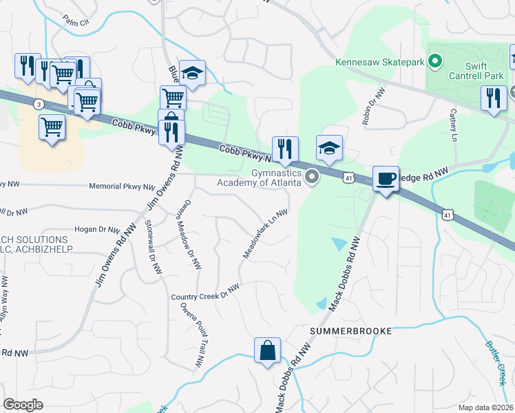 map of restaurants, bars, coffee shops, grocery stores, and more near 3215 New Rutledge Road Northwest in Kennesaw