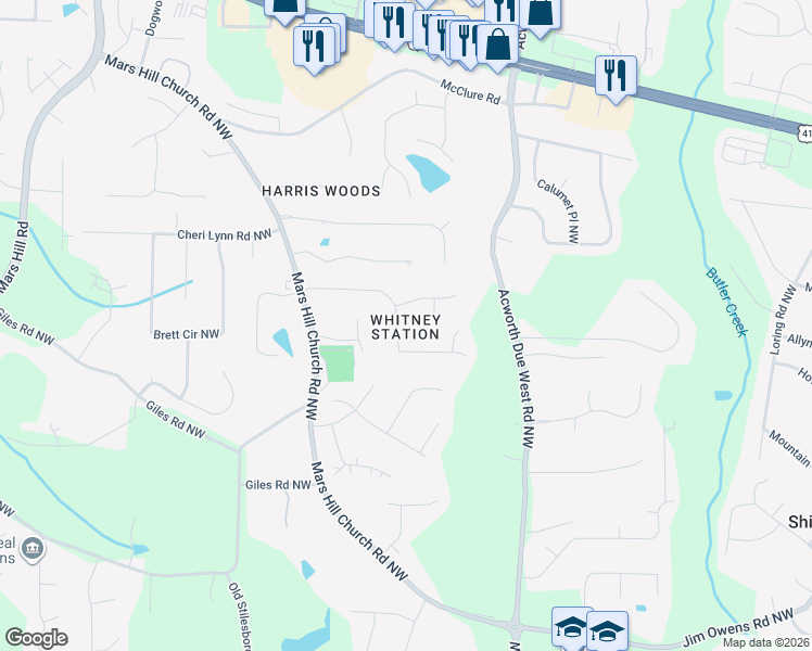 map of restaurants, bars, coffee shops, grocery stores, and more near 4446 Whitt Mill Road Northwest in Acworth