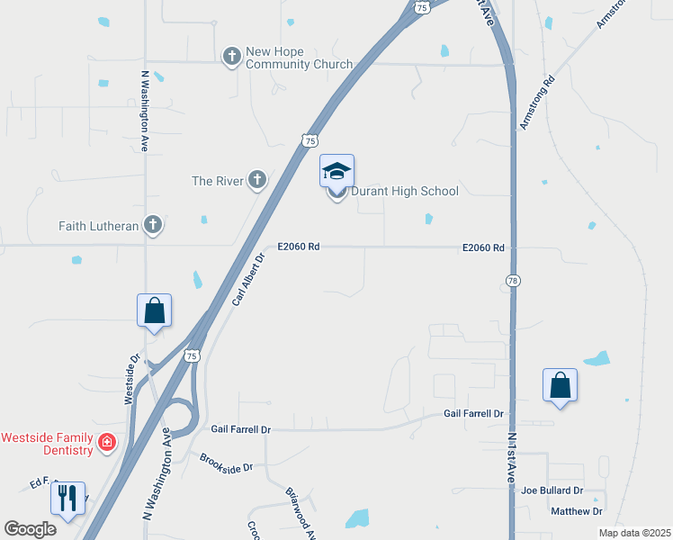 map of restaurants, bars, coffee shops, grocery stores, and more near 815 Gerlach Drive in Durant