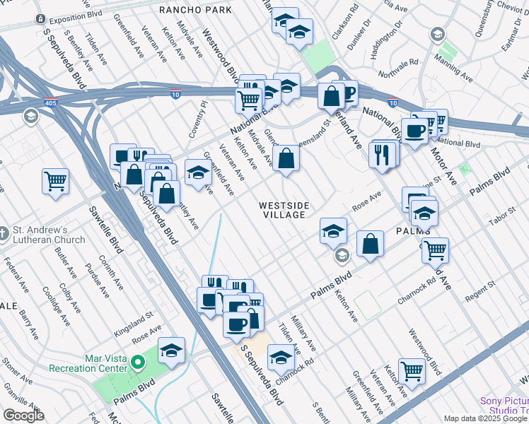 map of restaurants, bars, coffee shops, grocery stores, and more near Veteran Avenue in Los Angeles