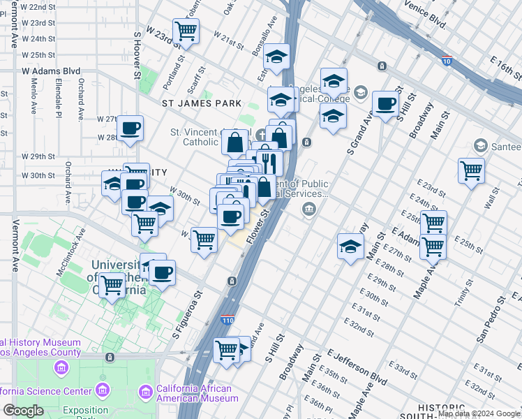 map of restaurants, bars, coffee shops, grocery stores, and more near 2819 Flower Street in Los Angeles