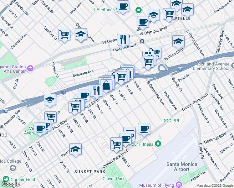 map of restaurants, bars, coffee shops, grocery stores, and more near 3130 Pico Boulevard in Santa Monica