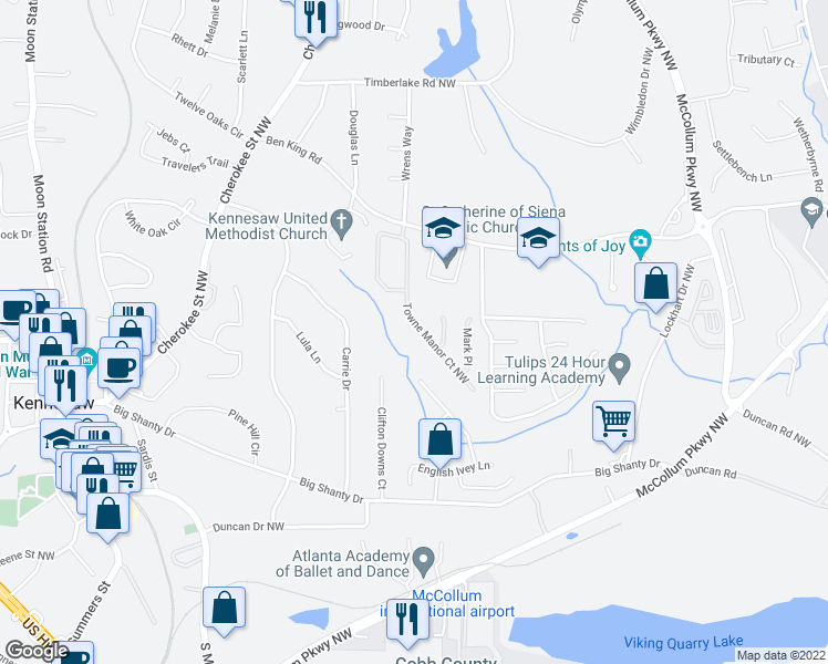 map of restaurants, bars, coffee shops, grocery stores, and more near 1045 Towne Manor Court in Kennesaw