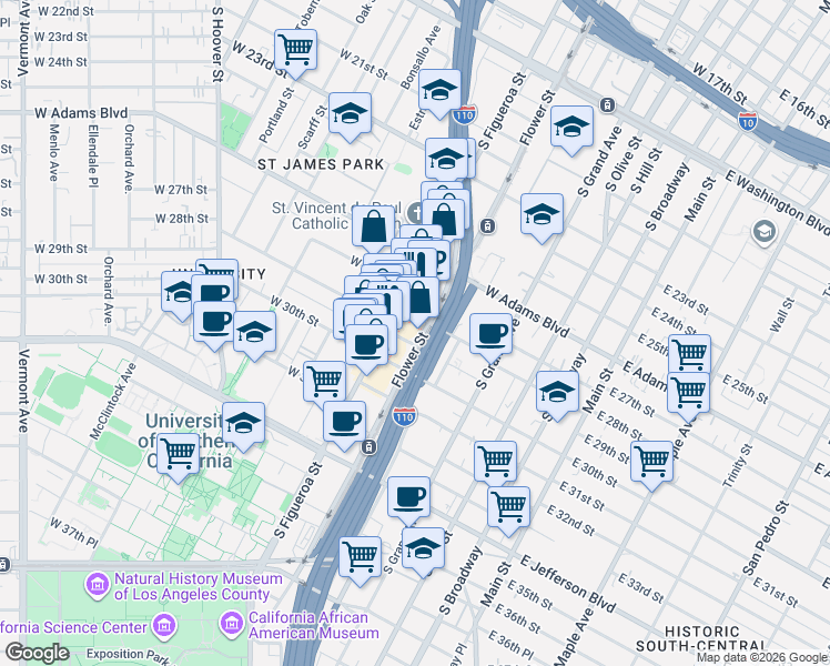 map of restaurants, bars, coffee shops, grocery stores, and more near 2819 Flower Street in Los Angeles