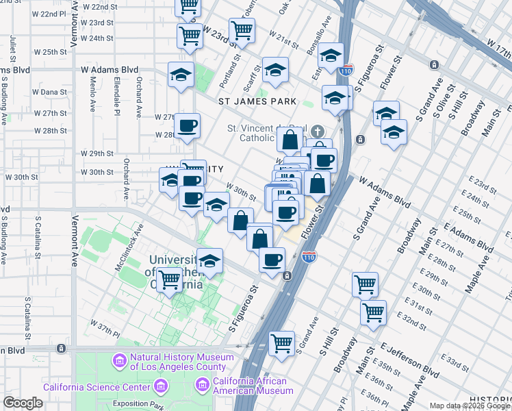 map of restaurants, bars, coffee shops, grocery stores, and more near 649-655 3/4 West 30th Street in Los Angeles