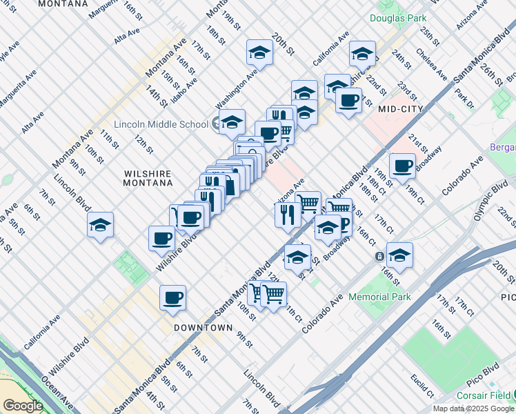 map of restaurants, bars, coffee shops, grocery stores, and more near 1244 14th Street in Santa Monica