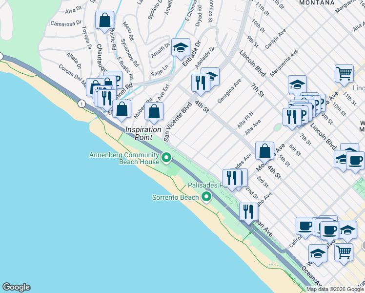 map of restaurants, bars, coffee shops, grocery stores, and more near 401 Ocean Avenue in Santa Monica