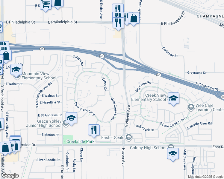 map of restaurants, bars, coffee shops, grocery stores, and more near 2608 Redpine Place in Ontario