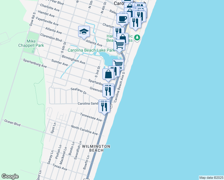 map of restaurants, bars, coffee shops, grocery stores, and more near 105 Spartanburg Avenue in Carolina Beach