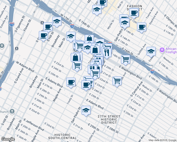 map of restaurants, bars, coffee shops, grocery stores, and more near 619 East 22nd Street in Los Angeles
