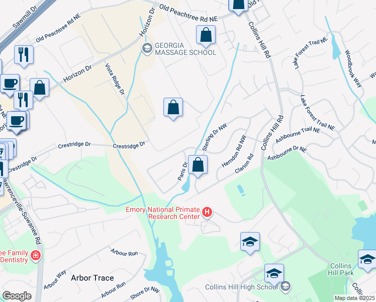 map of restaurants, bars, coffee shops, grocery stores, and more near 530 Paris Drive in Lawrenceville