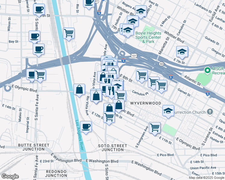 map of restaurants, bars, coffee shops, grocery stores, and more near 1302 South Soto Street in Los Angeles
