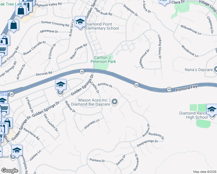 map of restaurants, bars, coffee shops, grocery stores, and more near 343 Armitos Place in Diamond Bar