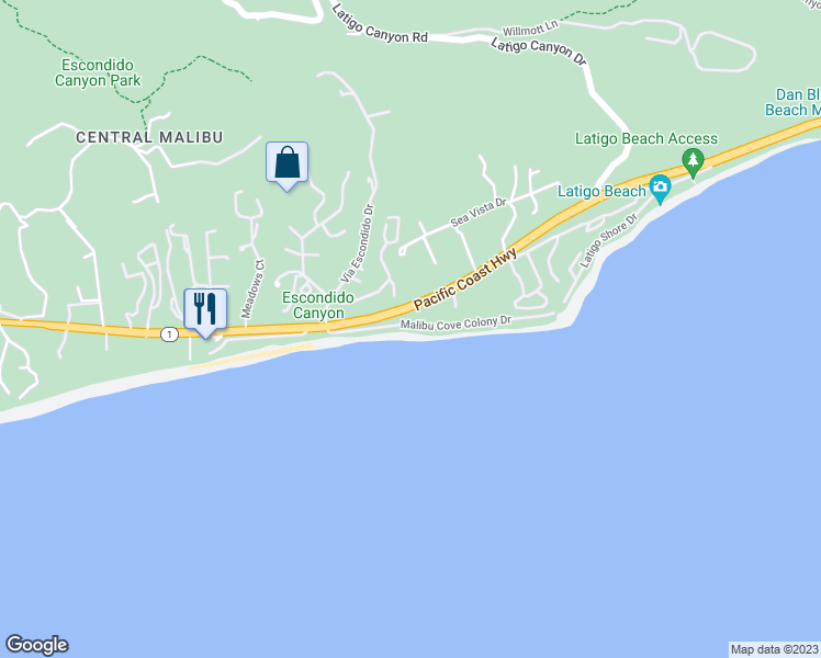 map of restaurants, bars, coffee shops, grocery stores, and more near 27044 Malibu Cove Colony Drive in Malibu