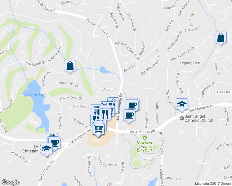map of restaurants, bars, coffee shops, grocery stores, and more near 3065 Ascot Lane in Roswell