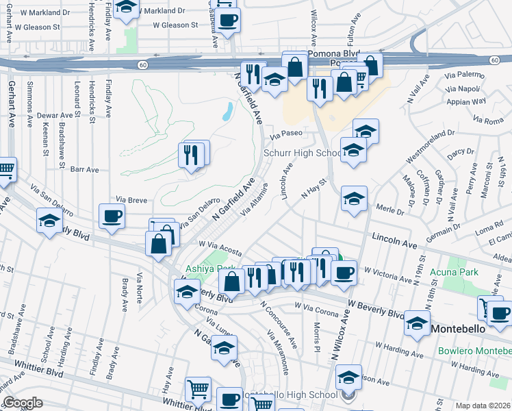 map of restaurants, bars, coffee shops, grocery stores, and more near 730 Via Altamira in Montebello