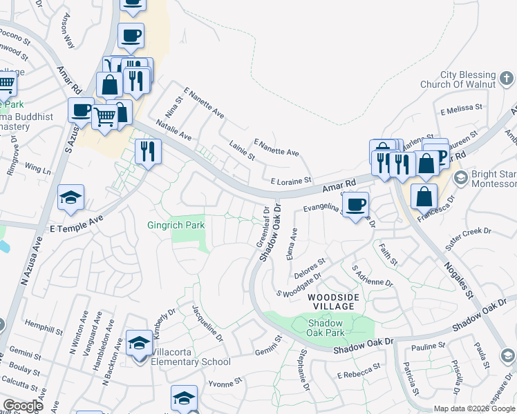 map of restaurants, bars, coffee shops, grocery stores, and more near 2600 Brynwood Place in West Covina