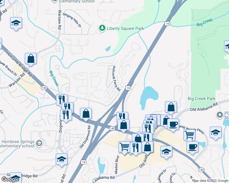 map of restaurants, bars, coffee shops, grocery stores, and more near 110 Old Ferry Way in Roswell