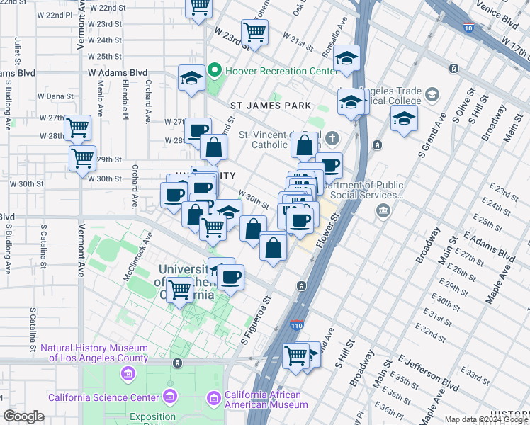 map of restaurants, bars, coffee shops, grocery stores, and more near 716 West 30th Street in Los Angeles