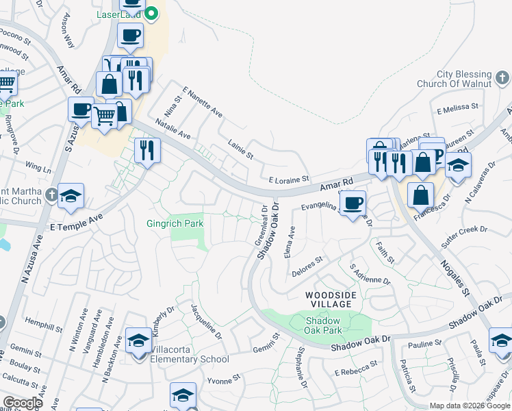 map of restaurants, bars, coffee shops, grocery stores, and more near 2600 Brynwood Place in West Covina