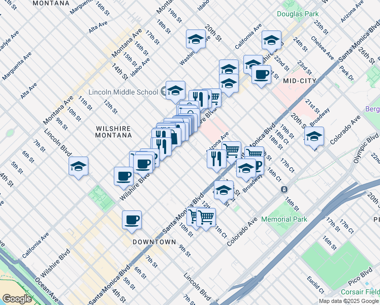 map of restaurants, bars, coffee shops, grocery stores, and more near 1234 14th Street in Santa Monica