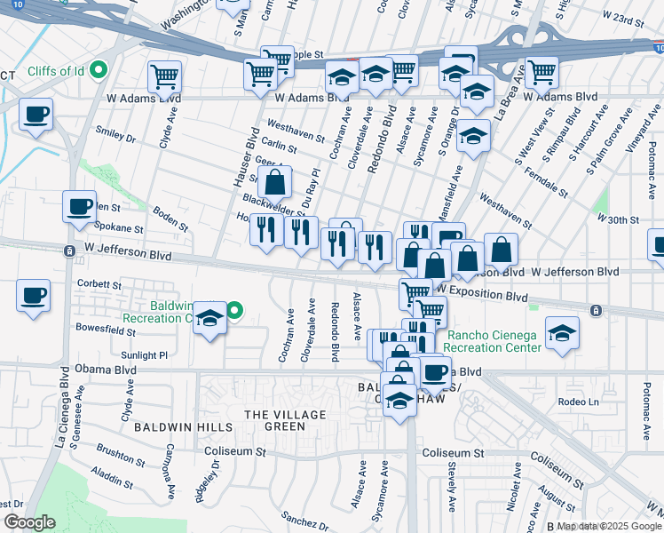map of restaurants, bars, coffee shops, grocery stores, and more near 2933 South Redondo Boulevard in Los Angeles