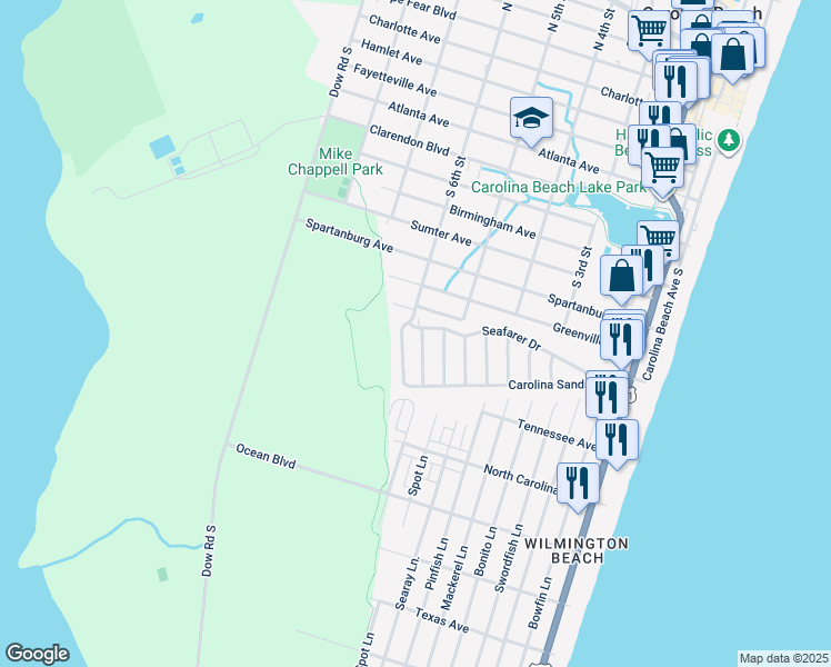 map of restaurants, bars, coffee shops, grocery stores, and more near 901 Seafarer Drive in Carolina Beach