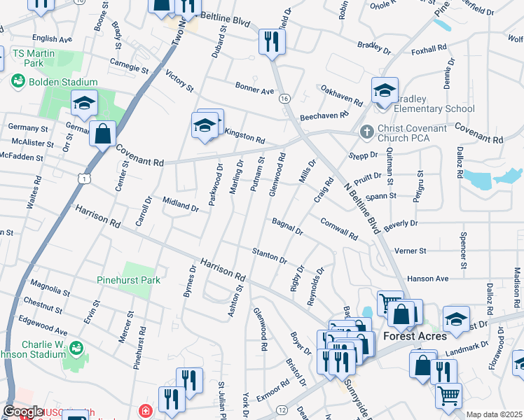 map of restaurants, bars, coffee shops, grocery stores, and more near 2616 Glenwood Road in Columbia