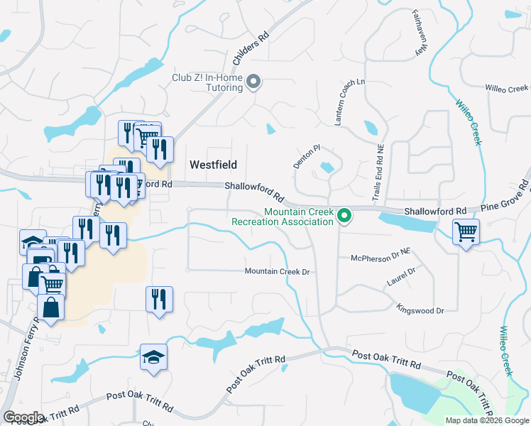 map of restaurants, bars, coffee shops, grocery stores, and more near 4512 Mountain Creek Drive in Roswell