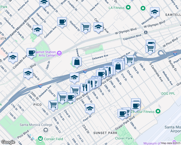 map of restaurants, bars, coffee shops, grocery stores, and more near 2022 Stewart Street in Santa Monica