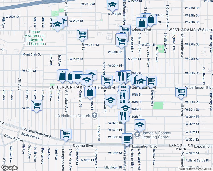 map of restaurants, bars, coffee shops, grocery stores, and more near 1861 West Jefferson Boulevard in Los Angeles