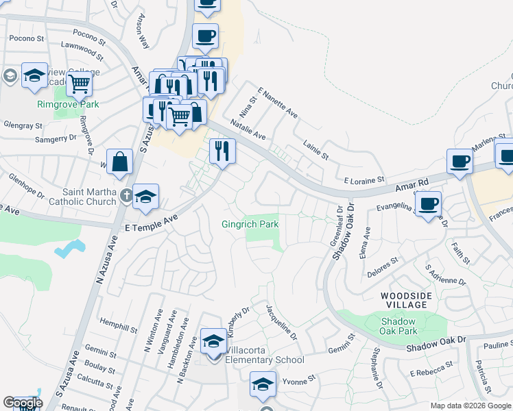 map of restaurants, bars, coffee shops, grocery stores, and more near 2715 Altamira Circle in West Covina