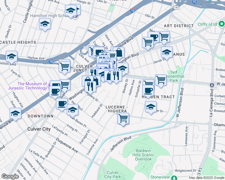 map of restaurants, bars, coffee shops, grocery stores, and more near 8894 Hubbard Street in Culver City