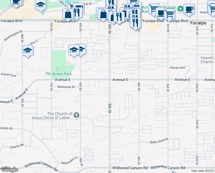map of restaurants, bars, coffee shops, grocery stores, and more near 12554 5th Street in Yucaipa