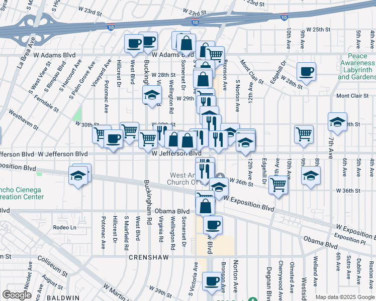 map of restaurants, bars, coffee shops, grocery stores, and more near 3053 South Victoria Avenue in Los Angeles