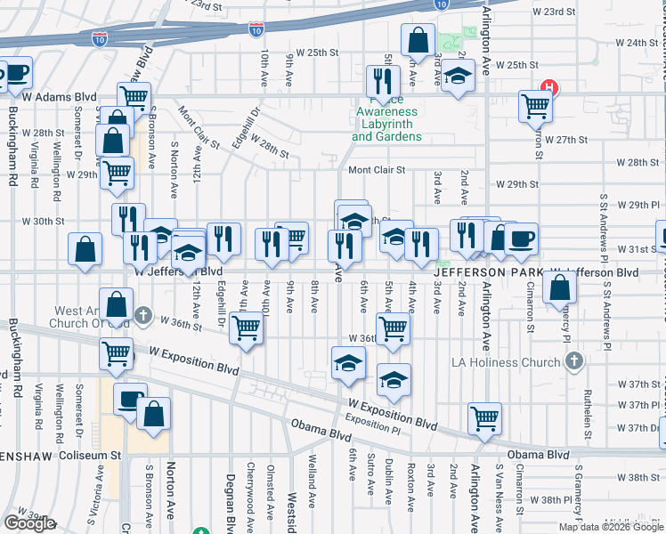 map of restaurants, bars, coffee shops, grocery stores, and more near 2705 West Jefferson Boulevard in Los Angeles