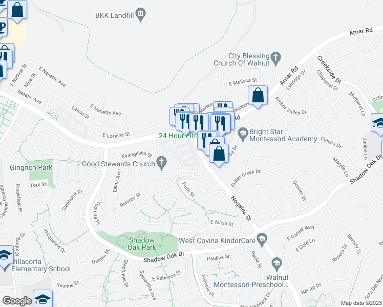 map of restaurants, bars, coffee shops, grocery stores, and more near 2734 Calle Ruiz in West Covina