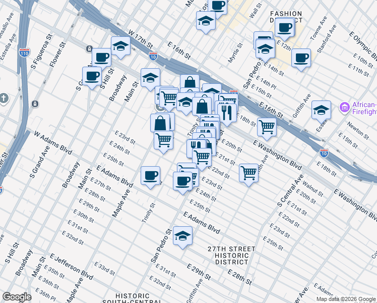 map of restaurants, bars, coffee shops, grocery stores, and more near 619 East 22nd Street in Los Angeles