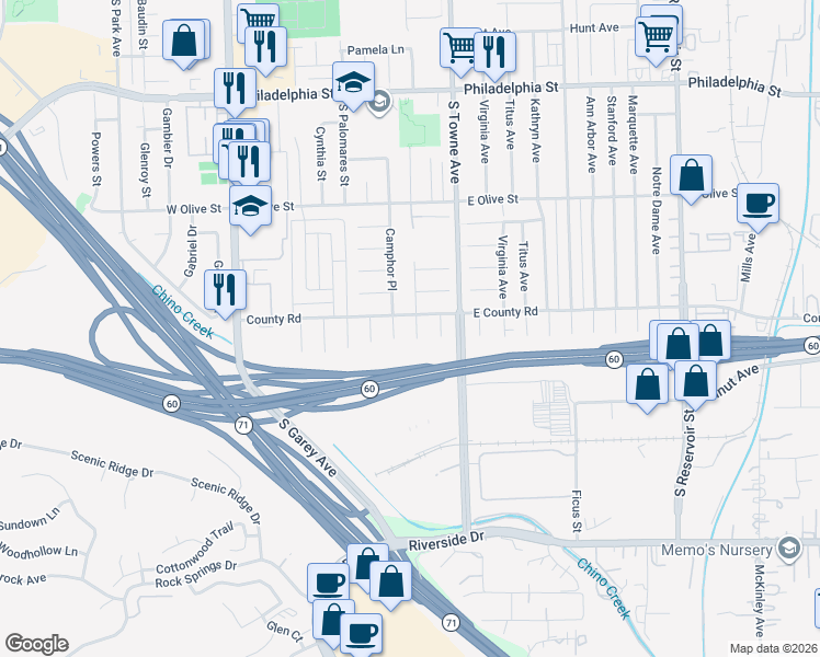 map of restaurants, bars, coffee shops, grocery stores, and more near 2531 Tampa Street in Pomona