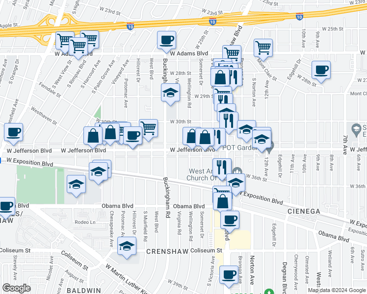 map of restaurants, bars, coffee shops, grocery stores, and more near 3058 Virginia Road in Los Angeles