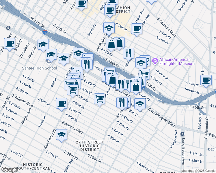 map of restaurants, bars, coffee shops, grocery stores, and more near 846 East Washington Boulevard in Los Angeles