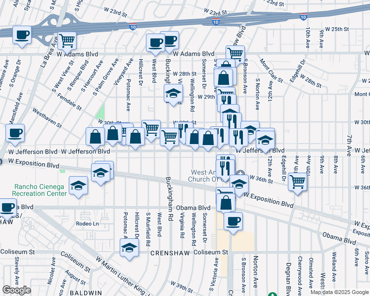 map of restaurants, bars, coffee shops, grocery stores, and more near 3058 Virginia Road in Los Angeles