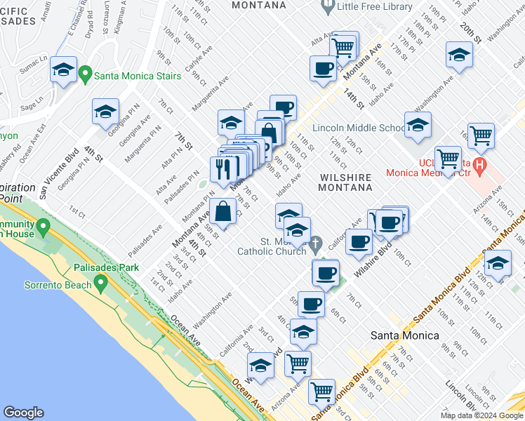 map of restaurants, bars, coffee shops, grocery stores, and more near 721 Idaho Avenue in Santa Monica