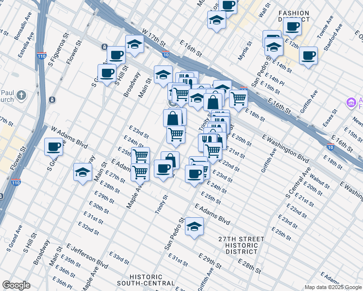map of restaurants, bars, coffee shops, grocery stores, and more near 2230 Wall Street in Los Angeles