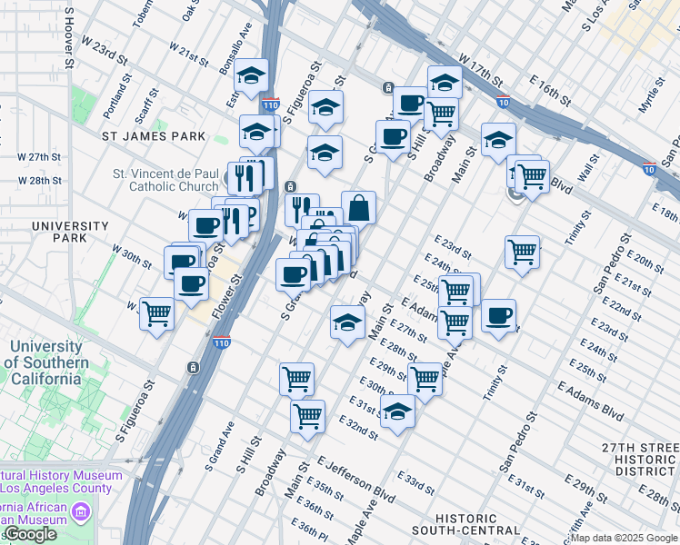 map of restaurants, bars, coffee shops, grocery stores, and more near 2540 South Hill Street in Los Angeles