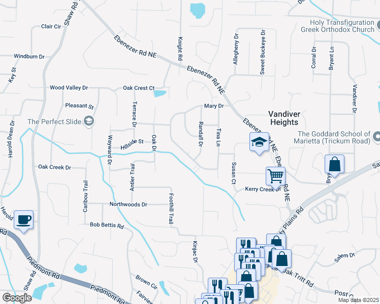 map of restaurants, bars, coffee shops, grocery stores, and more near 3080 Mary Drive in Marietta
