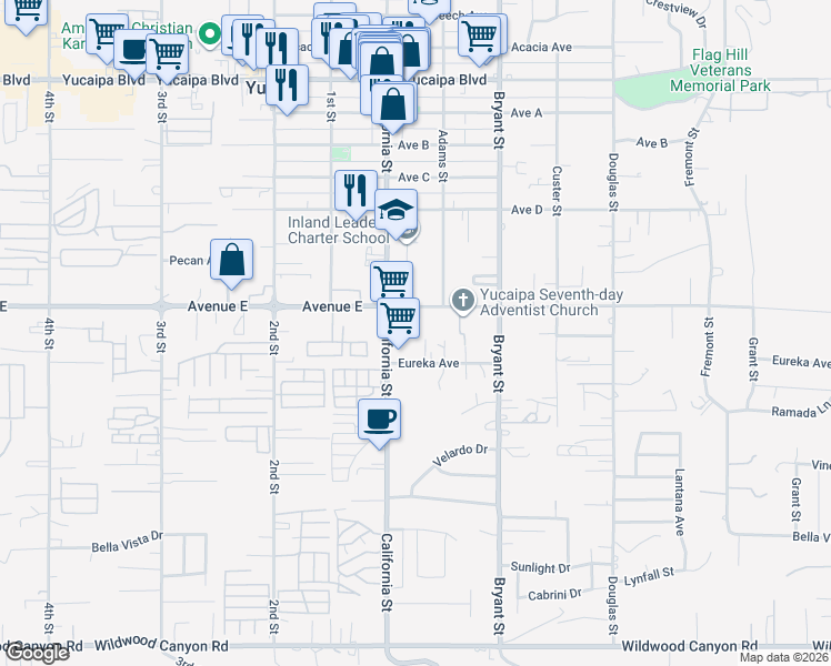 map of restaurants, bars, coffee shops, grocery stores, and more near 35155 Avenue E in Yucaipa