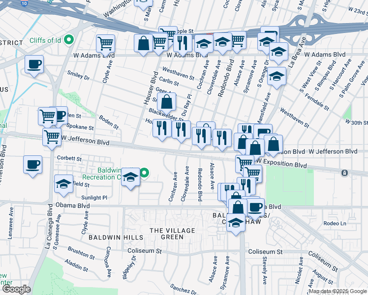 map of restaurants, bars, coffee shops, grocery stores, and more near 5271 West Jefferson Boulevard in Los Angeles