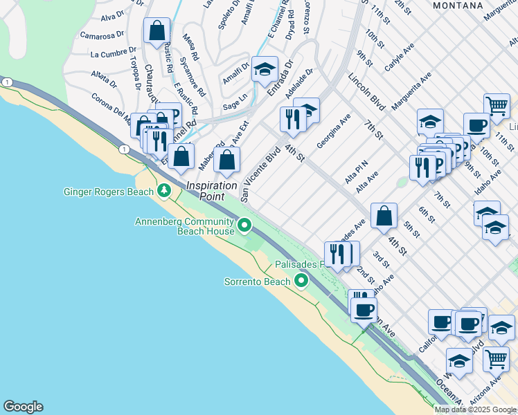 map of restaurants, bars, coffee shops, grocery stores, and more near 201 Ocean Avenue Extension in Santa Monica