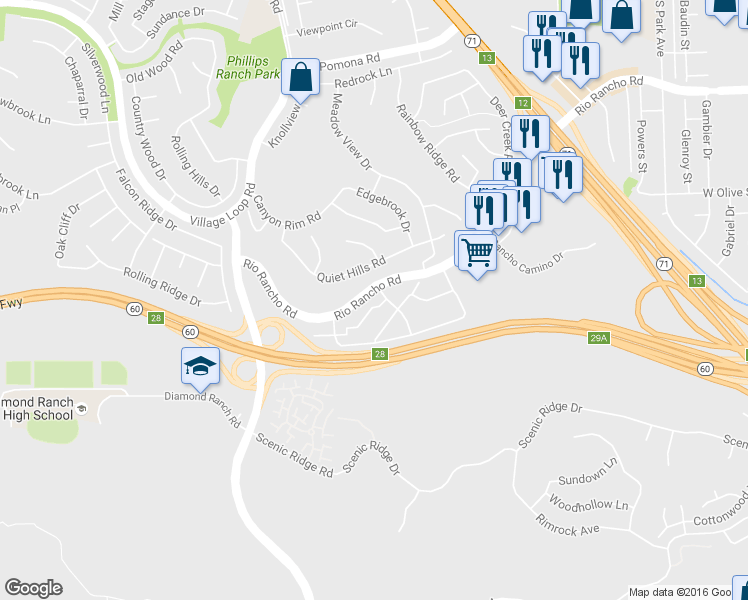 map of restaurants, bars, coffee shops, grocery stores, and more near 49 Rio Rancho Road in Pomona